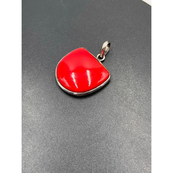 Bright Red Coral Stone and Sterling Silver 925 Pendant - Picture 3 of 7